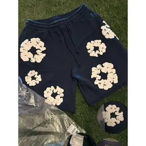 Men's Breathable Quick-Dry Shorts & Flower Floral Foam Print Hoodie Set – Unisex Puff Wreath Sweatshirt,Trendy Athletic Gym Outfits, Casual Classic Fashion, American High Street Style