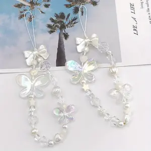 2PCS Colorful Butterfly Artificial Pearl Bead Hanging Rope DIY Mobile Phone Case Hanging Decoration Mobile Chain Pendant Party Small Gift Decoration Hanging Gift Adjustable Color Matching Thick Accessories Mobile Phone Wearing Gift for Friends and Family