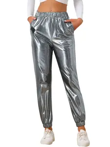 INSPIRE CHIC Metallic Trousers Christmas Shiny Sparkle Elastic Waist Holographic Pants Silver Grey