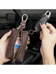 Vintage Crazy Horse Leather Keychain Men Women Smart Key Holder Organizer Pouch Long Key Soft Bag Housekeeper Key Case Wallet Keychain For Bags