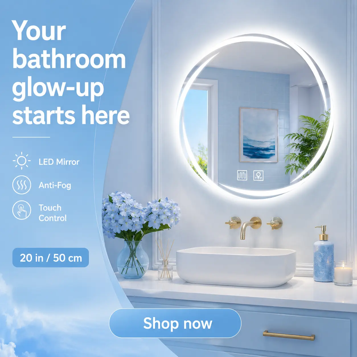 20-Inch Round LED Bathroom Mirror - Anti-Fog, Dimmable, Touch Control Modern Smart Screen Vanity Wall Glass Fixture for Home Improvement dual light source circle