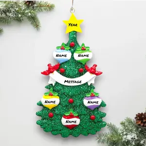 Personalized Green Glitter Christmas Tree of 5 Ornament – Family of 5 with Custom Names, Year & Message – Sparkly Holiday Keepsake – Noel Box