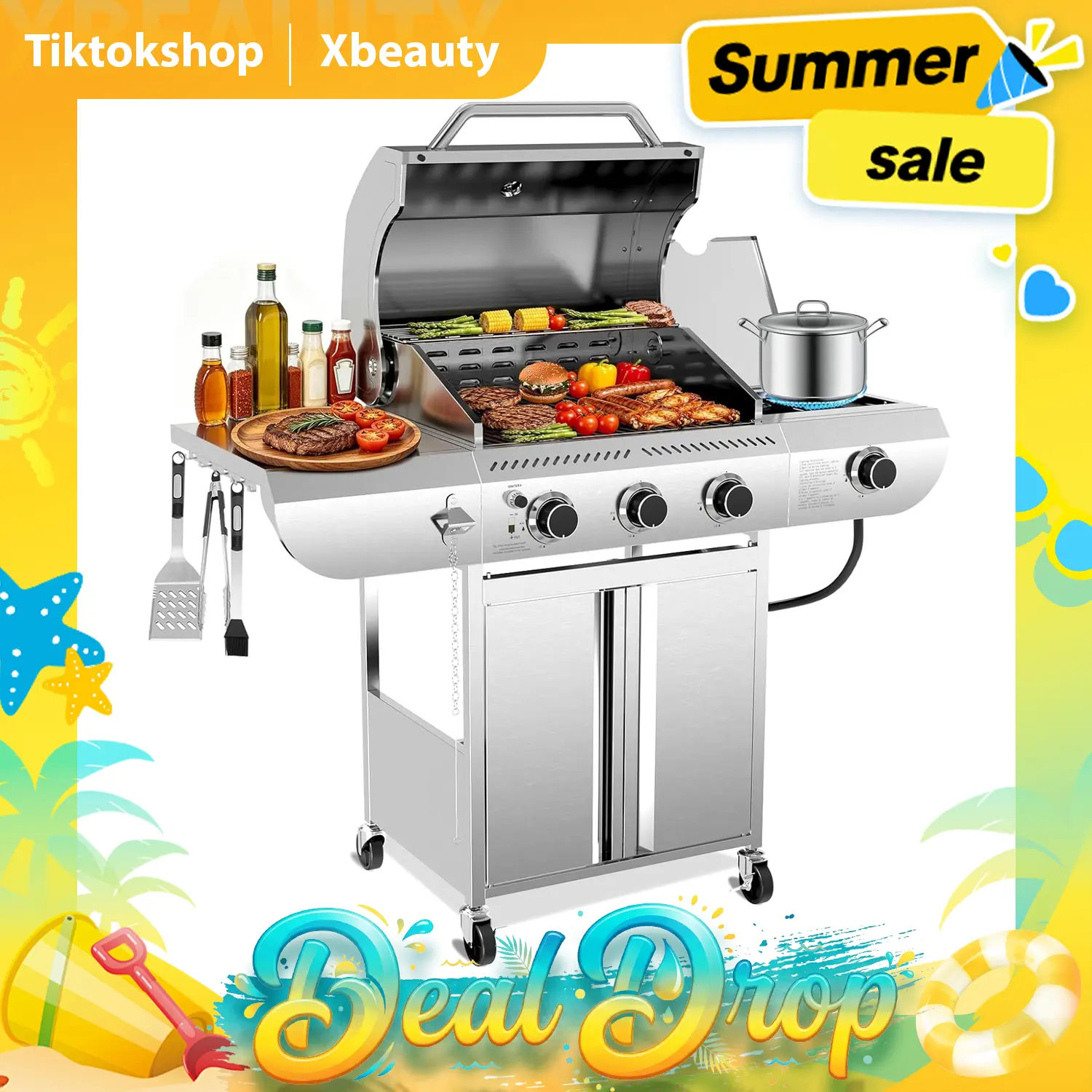 3-Burner Propane Gas Grill with Side Burner, 34,000 BTU Stainless Steel Outdoor BBQ Grill, 489 Sq. In. Cooking Area, Cast Iron Grates, Gas Grill on Wheels for Backyard, Patio, Deck, Camping, Tailgating, Picnics, Family Gatherings and Outdoor Cooking