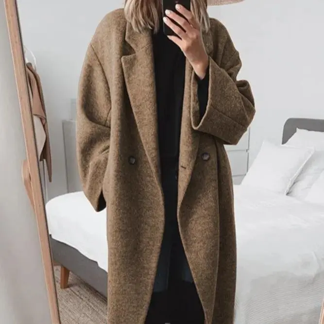 Lady's Winter Double-Breasted Long Wool Fabric Coat - Black, Casual Notched Lapel, Thermal, Sweater-Inspired Sleeves, Basic Womenswear for Daily & Office Wear, Minimalist,back to school,back to school shopping, Solid