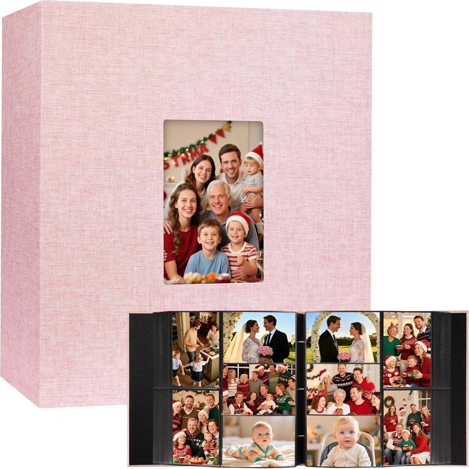 Photo Album 4x6 1000 Pockets, Extra Large Capacity Linen Cover with Front Window 4 x 6 Picture Album Holds 1000 Horizontal and Vertical Photos,Wedding Family Anniversary Vacation Photo Album (Pink)