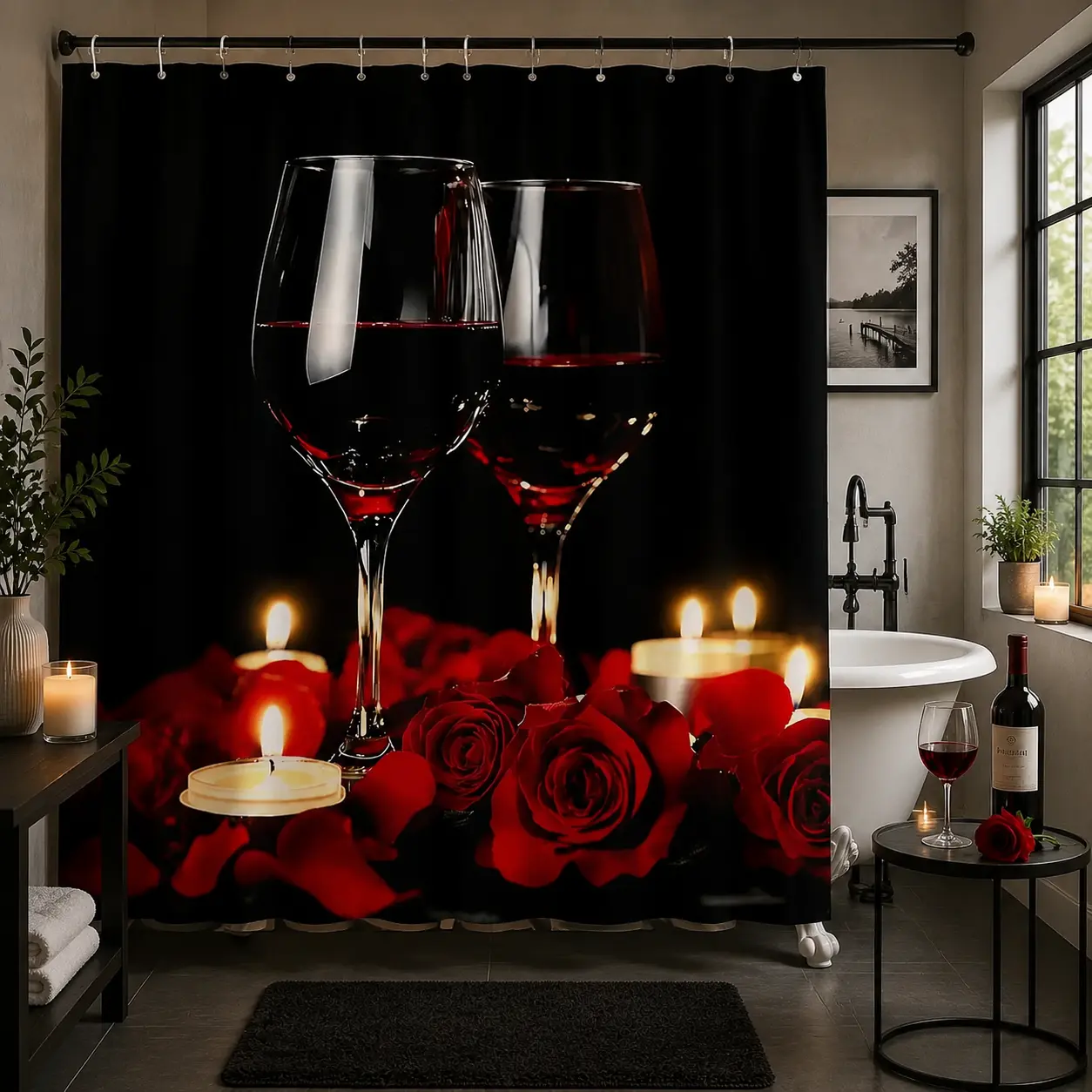 Valentine’s Day Red Rose Floral Polyester Shower Curtain, Romantic Luxury Bathroom Decor, Single Panel Gift for Wife, Anniversary Home Makeover Bathroom Supplies