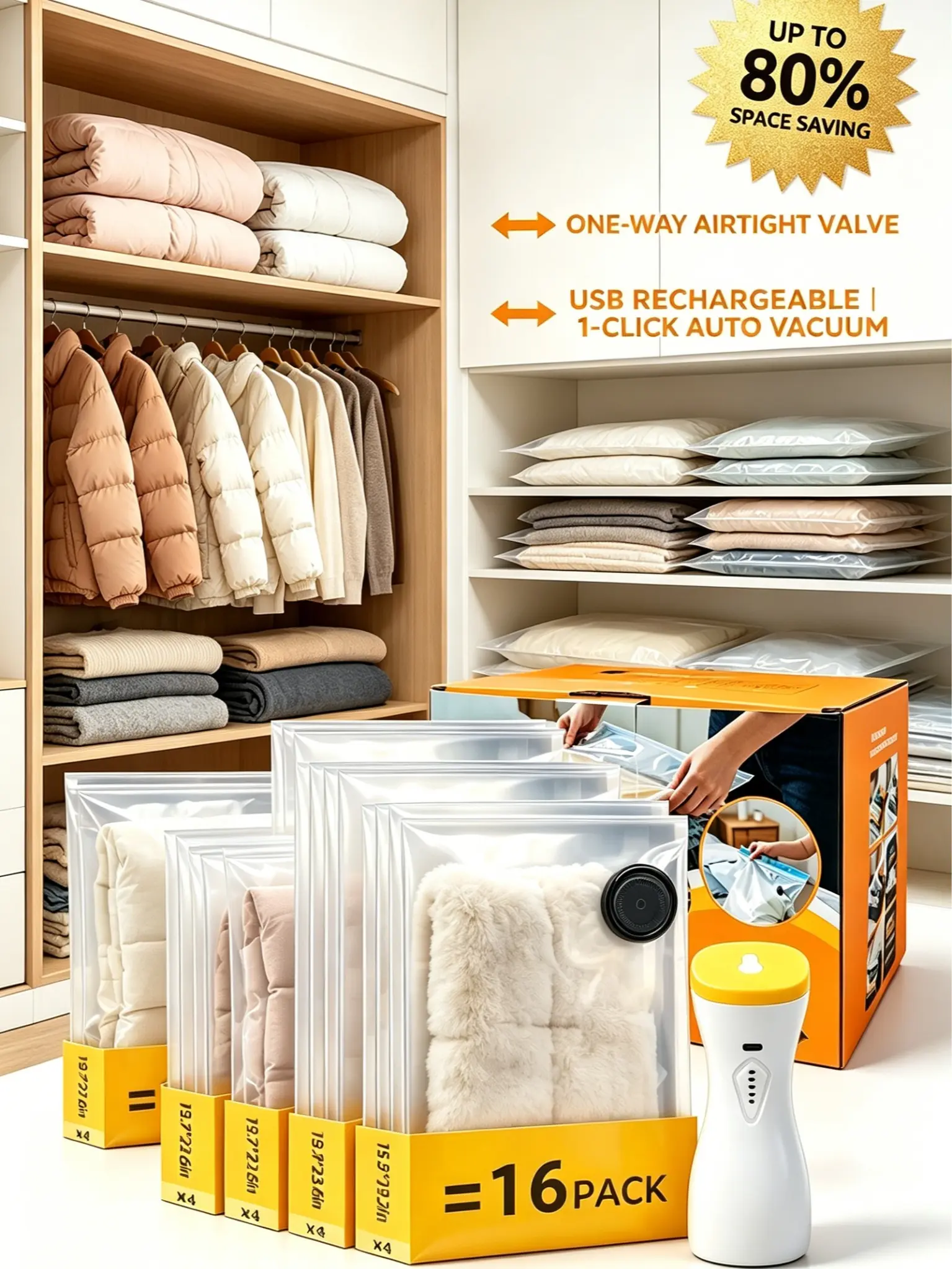 Wireless Travel Vacuum Compression Storage Bag Set - 16 Pieces in 4 Sizes, USB Rechargeable Portable Air Pump, Waterproof, Reusable, Space-Saving for Clothes, Luggage Organization, Travel Stuff (Inflates & Deflates Other Items)