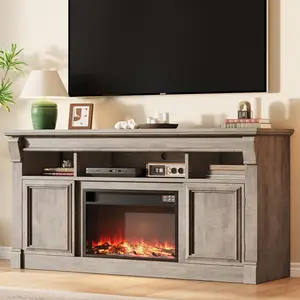 Garvee 58" Farmhouse Entertainment Center with Open Storage Cabinets and Media Console for Living Room, Suitable for Screens up to 65 Inches, Grey Finish