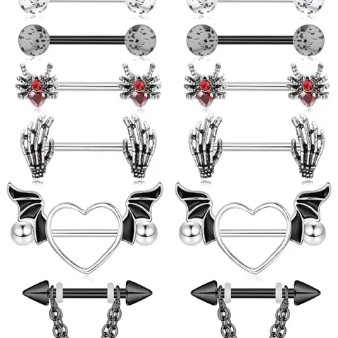 Punk Style Heart & Bat Wing & Hand Design Nipple Rings, Cute Nipple Body Piercing Jewelry, Body Jewellery for Women, Fashion Accessories for Party, Daily Clothing Decor, Body Piercings Set