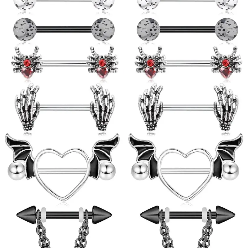 Punk Style Heart & Bat Wing & Hand Design Nipple Rings, Cute Nipple Body Piercing Jewelry, Body Jewellery for Women, Fashion Accessories for Party, Daily Clothing Decor, Body Piercings Set