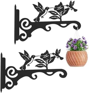 Elegant Bird Pattern Wall Hooks - 10 Inch Metal Plant Hangers for Indoor & Outdoor - Rust-Resistant Bracket for Plants, Feeders, Chimes, Lanterns (2, Black, 10 inch)