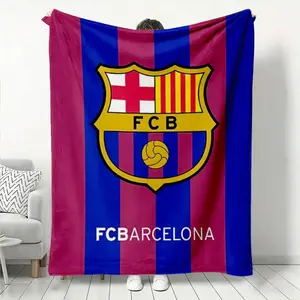 Flannel Blanket with FCB FC Barcelona Emblem, Spanish Football Club Themed, with Red and Blue Vertical Stripe Background, Matching Gold Red and White Club Logo Elements, Soft and Warm Throw Blanket fo