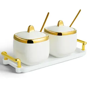 Ceramic Sugar Bowl 2 Pack, Porcelain Seasoning Jar with Tray, Spoon and Lid for Sugar, Pepper, Coffee, Spice, Salt (Gold)