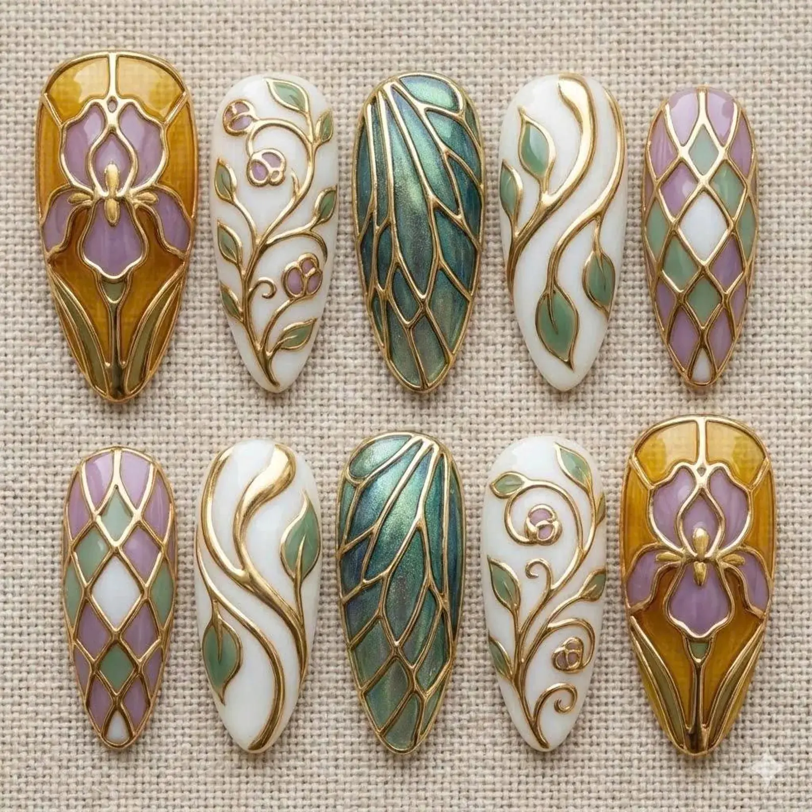 rt Nouveau Iris Press On Nails | Fairy Wing Stained Glass | Gold Floral Nails