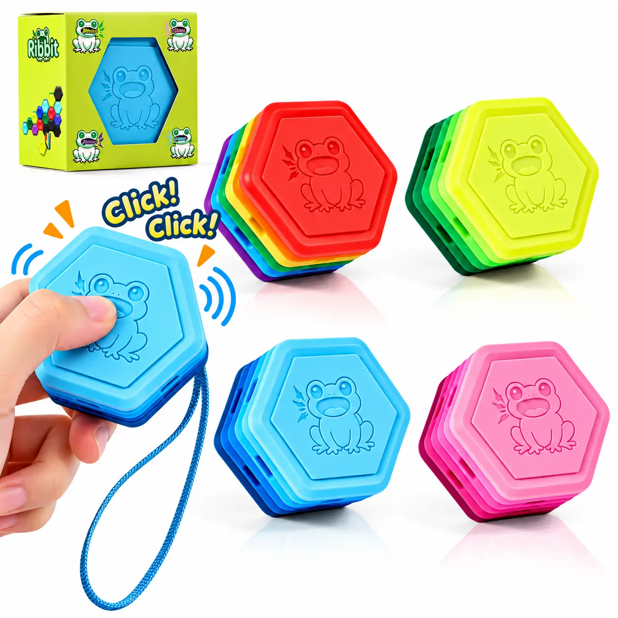 Clicky Frog Fidget Toy, Multi-Layer Hexagon Sensory Squeeze Toy with Satisfying Clicking Sounds, Soft Silicone Stress Relief Fidget with Wrist Strap, Portable Pocket Toy for Kids Ages 6-8, Teens & Adults