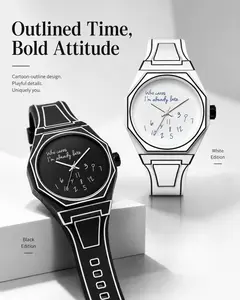 Unisex Premium Hand-Drawn Sketch Androgynous Minimal Quartz Watch - White Octagonal Case with Black Outline, "Who cares I'm already late" Handwritten Quote Dial, Asymmetric Numerals, Water-Tight, Everyday Splash-Resistant, Casual Silicone Strap, Androgyno
