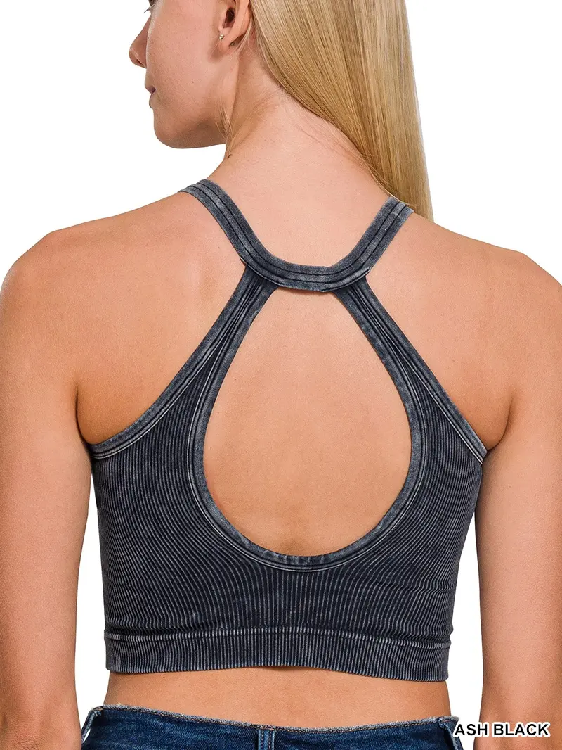 THE ASHLEY ZENANA WASHED RIBBED CROPPED BUTTON V-NECK TANK TOP