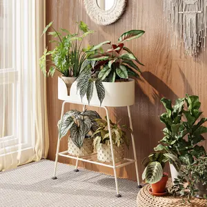 Bamworld Plant Stand Outdoor Large Plant Shelf Indoor for Tall Plants Table Metal 2 Tier Plant Bench Display Stand for Living Room Balcony Patio Decor White