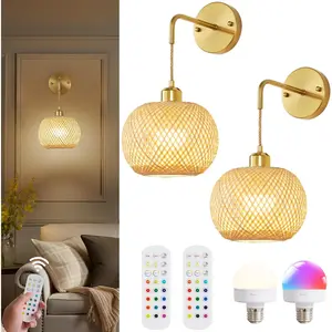 Battery Operated Wall Sconces Set of 2 with Remote, Rechargeable Boho Rattan Battery Powered Wall Lights/Lamps, Wireless Lighting Fixtures for Bedroom Farmhouse, 15 Colors Dimmable, Gold