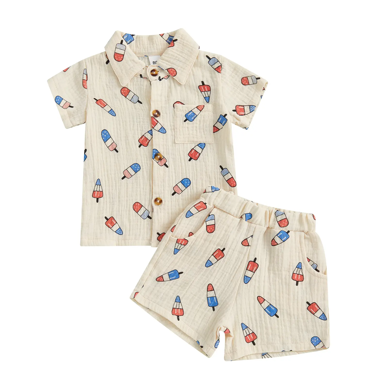Toddler Boy 4th of July Outfits Ice Cream Print Lapel Button Down Short Sleeve Shirt with Shorts 2 Pcs Set