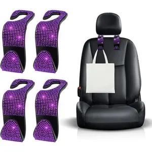 4 count Bling  Seat Headrest Hooks,  Rhinestone  Seat Hanging Storage Organizer,  Seat Hanger Holder for Purse Handbag Coat, Interior  Accessories (Purple)