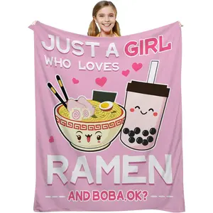 2026 Valentine’s Day Kawaii Gift for Girls Teens - Super Soft Flannel Ramen & Boba Throw Blanket, Cute Ramen Noodles & Boba Tea Design for Room Decor, Perfect for Couch Bed Gaming Napping (Multi-Size)