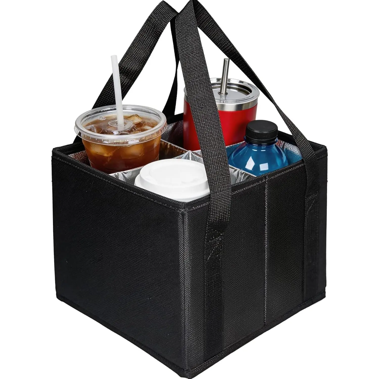Reusable Drink Carrier with Handle, Insulated Drink Holder Bag with Adjustable Dividers, 600D Oxford Fabric Cup Carrier Drink Caddy for Delivery Car Coffee & Beverages, 4 Cups
