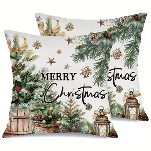 2pcs, Christmas Throw Pillow Covers, Merry Christmas Pine Branches Holly Leaves Pinecones Berries Bow Star Designs, Farmhouse Winter Holiday Decorative Cushion Case for Bedroom Sofa Couch, Single Sided Printing, No Pillow Core