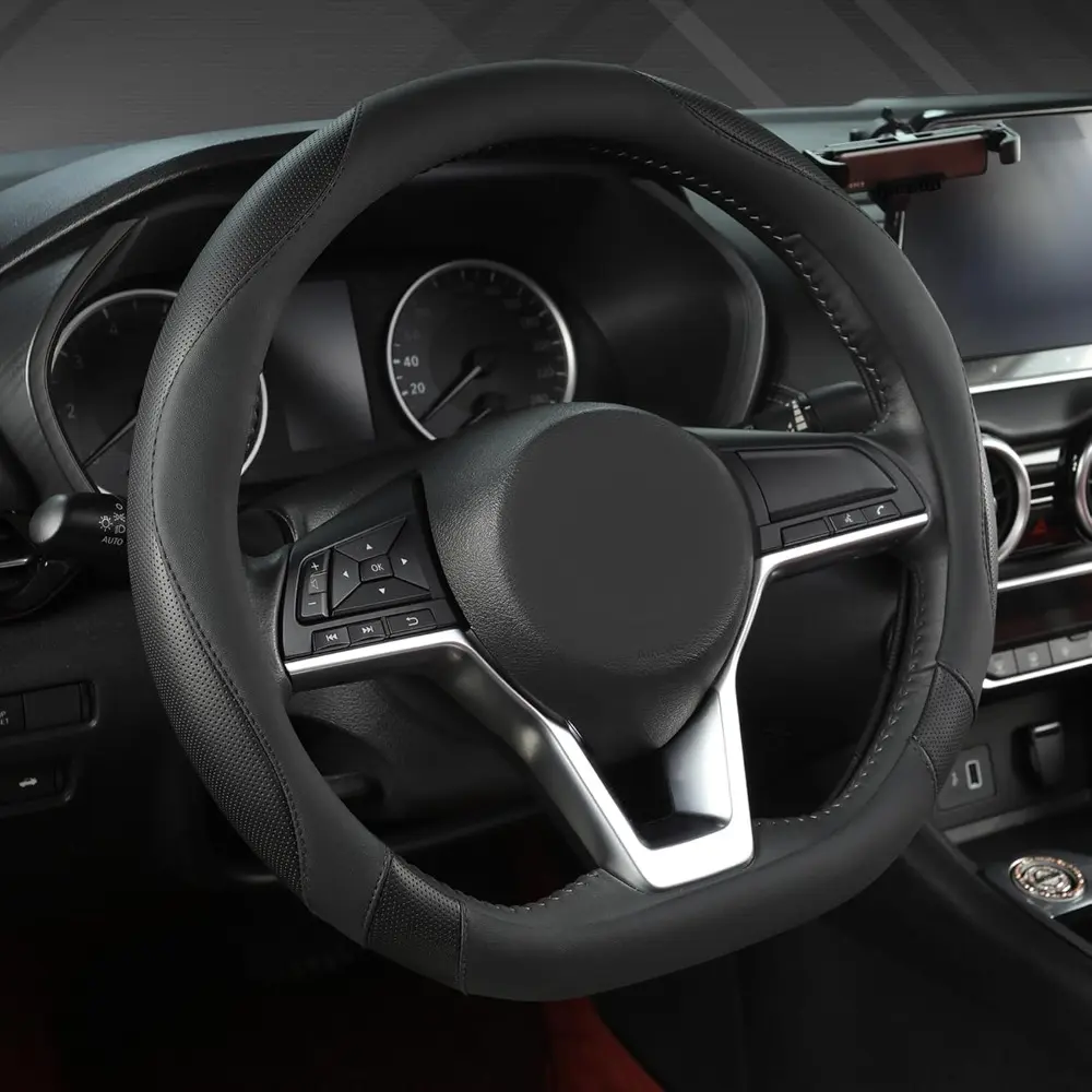 Automotive Non-Slip Veins Flat-Bottom D-Shaped Steering Wheel Cover for Nissan Rogue, Altima, Kicks - Black, Round-Standard Size (14 ½''-15''), Easy to Install, Safe Driving