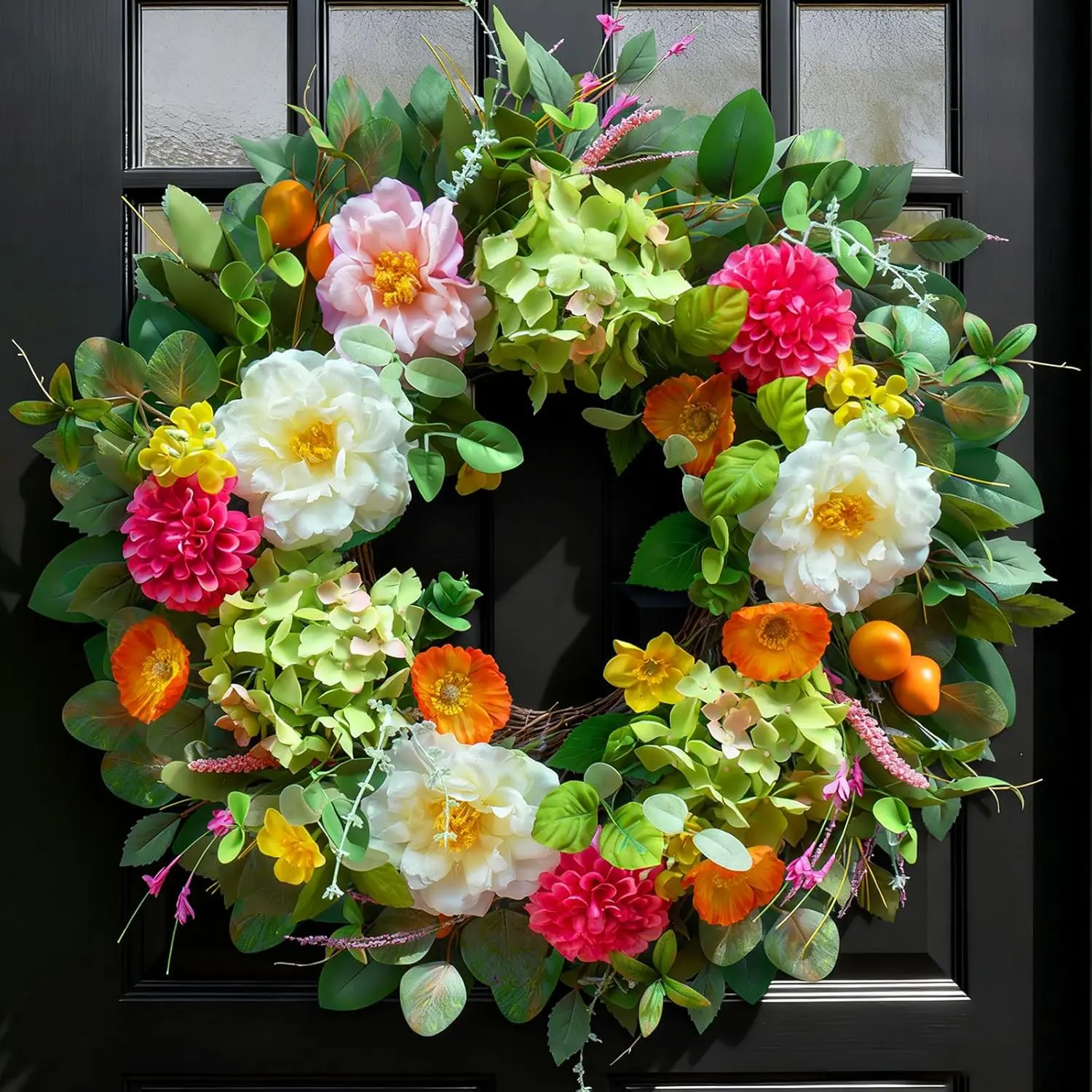 24-Inch Outdoor Nature Spring Wreath for Front Door - Vibrant Peony, Hydrangea, Green Eucalyptus Leaves, Orange Berry Decor - Ideal for Porch, Mantel - Perfect for Valentine's Day, Mother's Day, Easter, Birthday