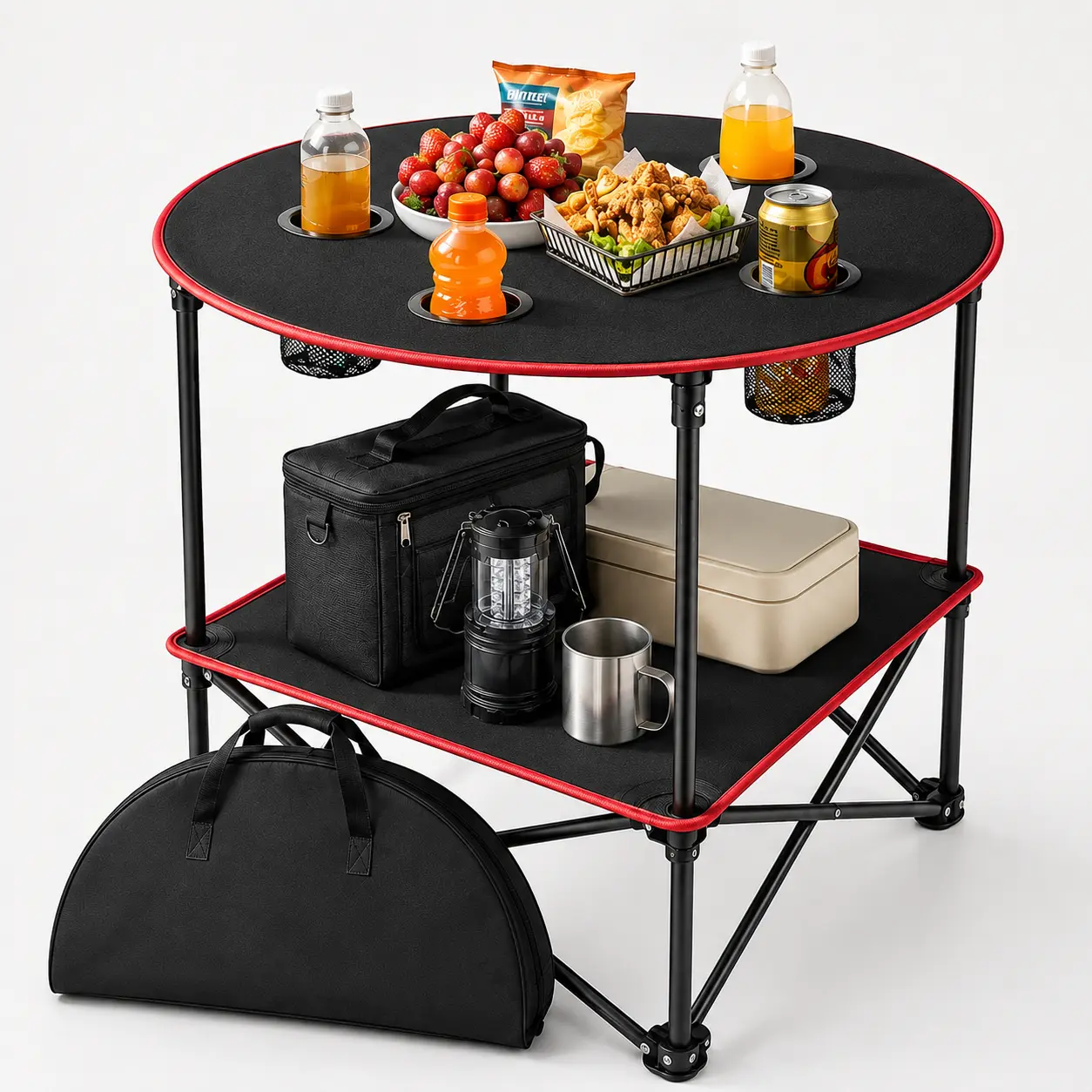 Portable Compact Picnic Table - Lightweight Foldable PE & Steel Table with 4 Cup Holders, Carry-Bag Ready, Waterproof Canvas, 2-Tier Storage, Stable Rubber Feet for Camping, Tailgating, Outdoor Recreation