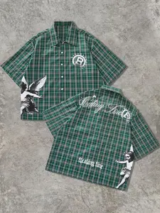 Men's American Street Style Streetwear Short Sleeve Plaid Shirt, Angel Letter Print, Casual Unique Trendy Fashion, All Seasons Fitted Clothing, Menswear, Aesthetics