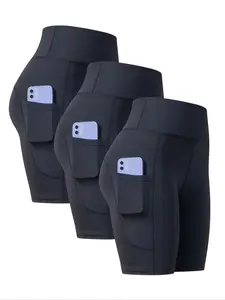 Women's Solid High Waist Sports Leggings, Comfy Breathable Pocket Design Skinny Pants, Ladies Sportswear for Indoor Outdoor Wear, Bottoms