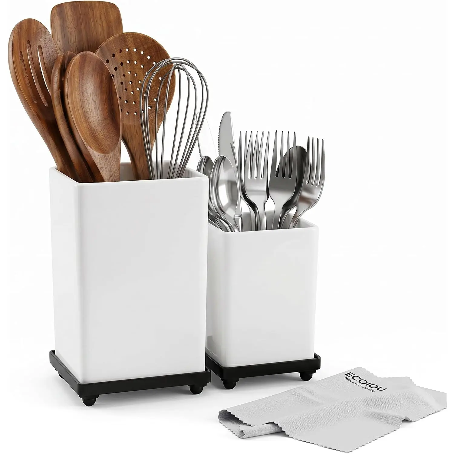 Tiered Counter Utensil Holder Set with 6.5" & 4.7" Removable Drainage Bins, Dual Kitchen Utensil Crock for Cooking Dining Utensils & Spatulas, White