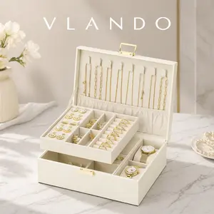 VLANDO Women's Eco-Friendly Rectangle Large Jewelry Storage Box, 2-Layer Organizer with Removable Tray and Watch Pillow, Cream White