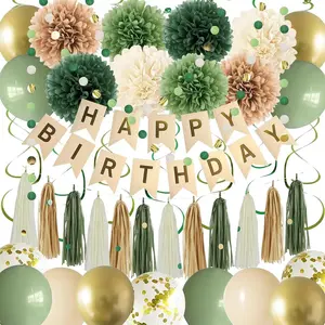 Sage Green Birthday Party Decorations for Women & Girls - Happy Birthday Banner, Tissue Paper Pompoms, Paper Tassels, Circle Gar