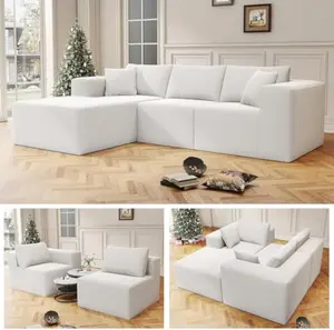 Modern Cloud Couch – 102" Oversized Modular Sectional Sofa with L-Shaped Chaise – No Assembly Teddy Velvet Living Room Furniture White