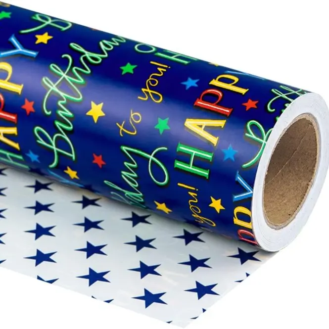 WRAPAHOLIC Reversible Birthday Wrapping Paper Roll, Blue Star Happy Birthday Gift Wrap for Men, Boys & Adults, Double-Sided Paper for Baby Shower, Holiday & Party Gifts,17 Inch X 33 Feet