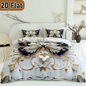 3pcs 2D Flat Gold Border Butterfly Floral Quilt Set, 1 Quilt + 2 Pillowcases No Pillows, Home Dorm High Definition Print