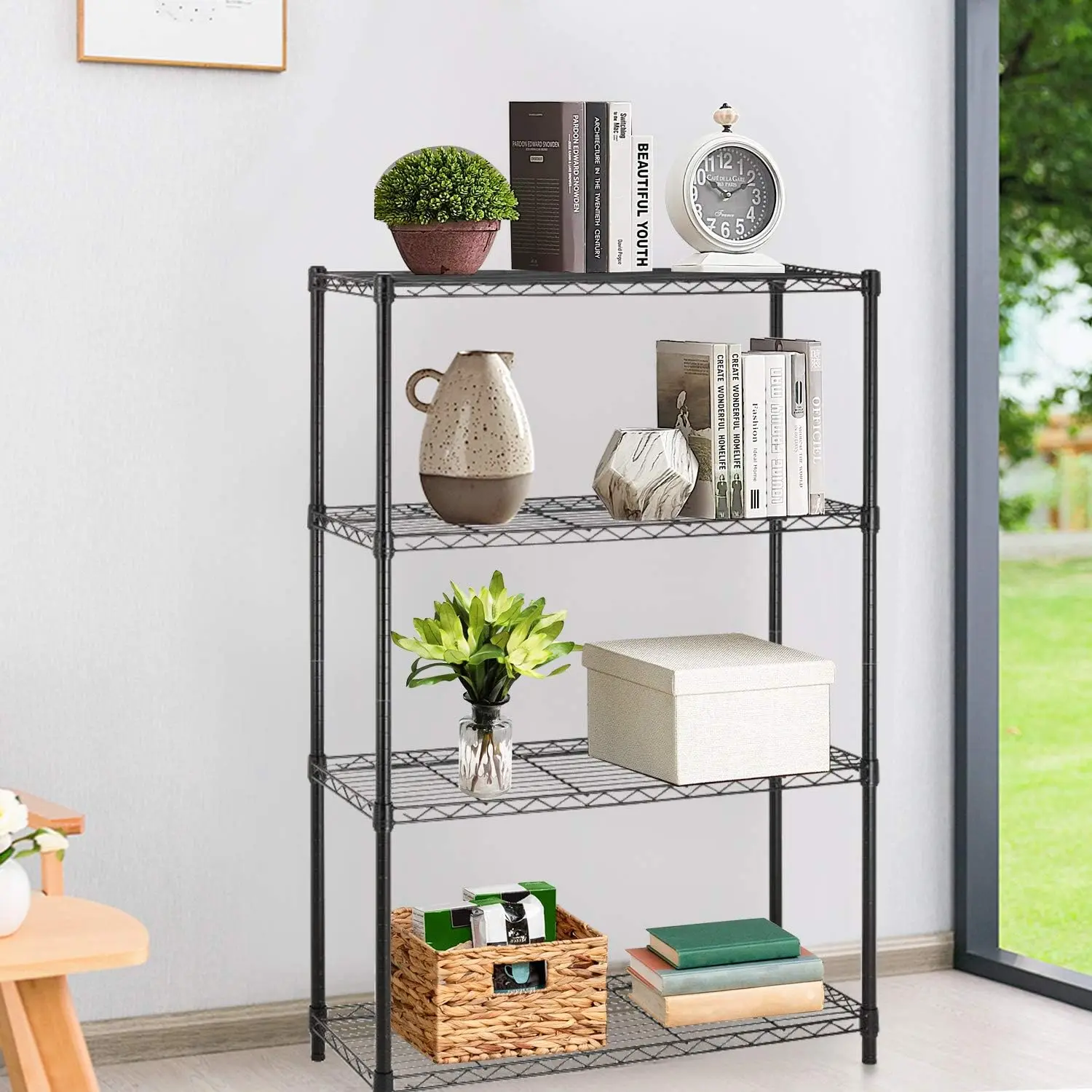 Durable 4-Tier Adjustable Commercial Wire Shelf Rack, 36" L×14" W×54" H Strong Steel Organiser for Restaurant, Garage (Black)