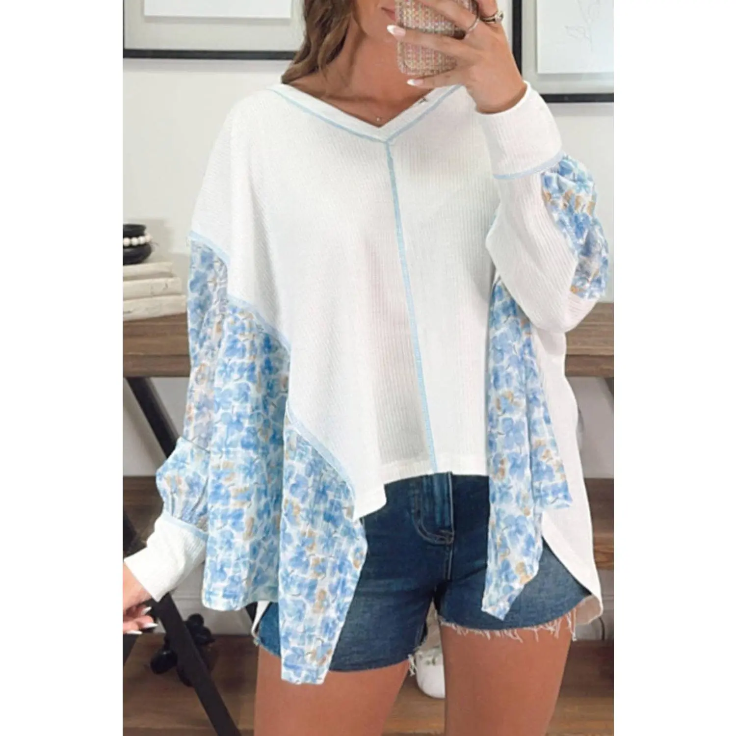 Floral Colorblock Batwing Sleeve Blouse Floral Colorblock Batwing Sleeve Blouse