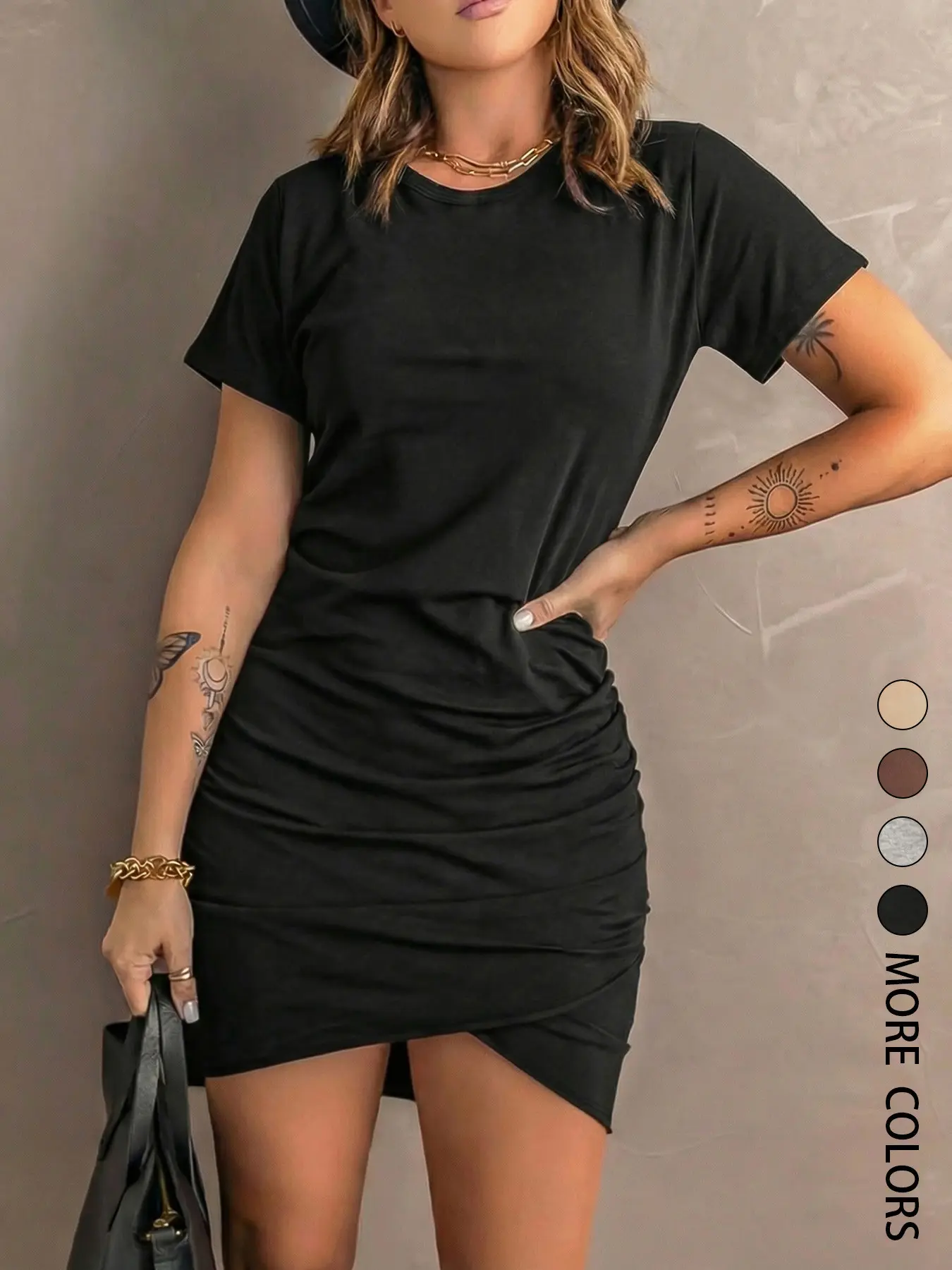 Women's Plain Ruched Wrap Short-Sleeve Dress, Casual Round-Neck Bodycon Fit Short Dress for Summer, Simple Basic Everyday Dress for Women, Casual Wear