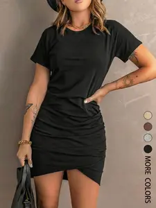 Women's Plain Ruched Wrap Short Sleeve Dress, Casual Round Neck Bodycon Short Dress for Summer, Ladies Clothes for Daily Wear, Simple Dress, Fit, Womenswear