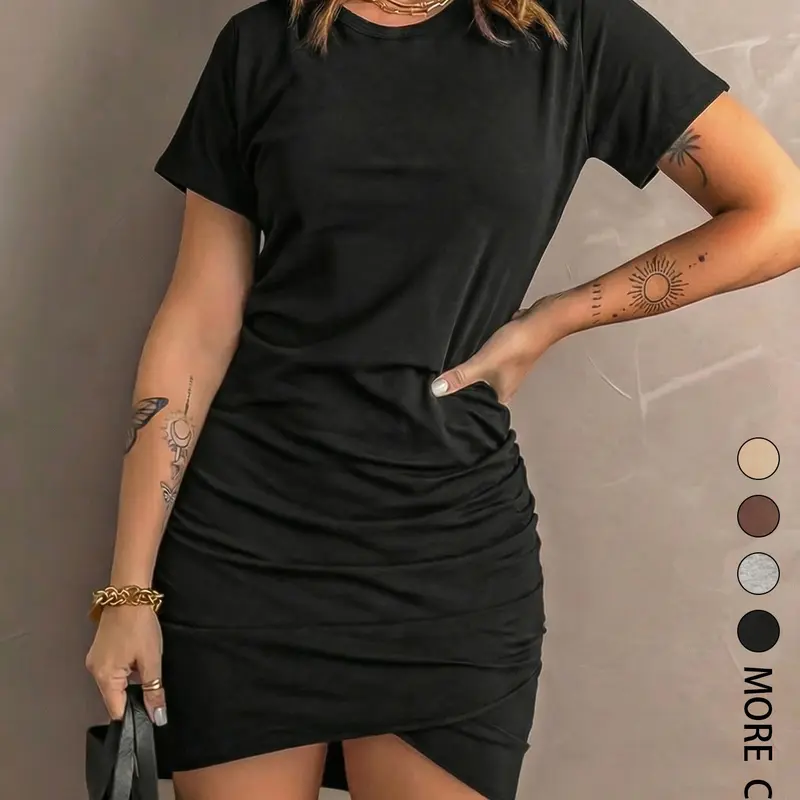 Women's Plain Ruched Wrap Short-Sleeve Dress, Casual Round-Neck Bodycon Fit Short Dress for Summer, Simple Everyday Dress for Women, Casual Wear, Mini Dress