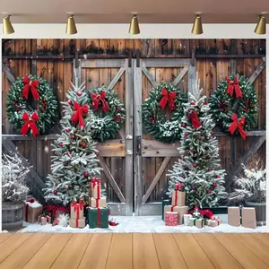 1pc 2D Flat M/cm Winter Christmas Background Snowy Barn Door Christmas Tree Gift Box Christmas Garland Decoration Used for Christmas Party Background Christmas Holiday Background Indoor Wall Decoration Polyester