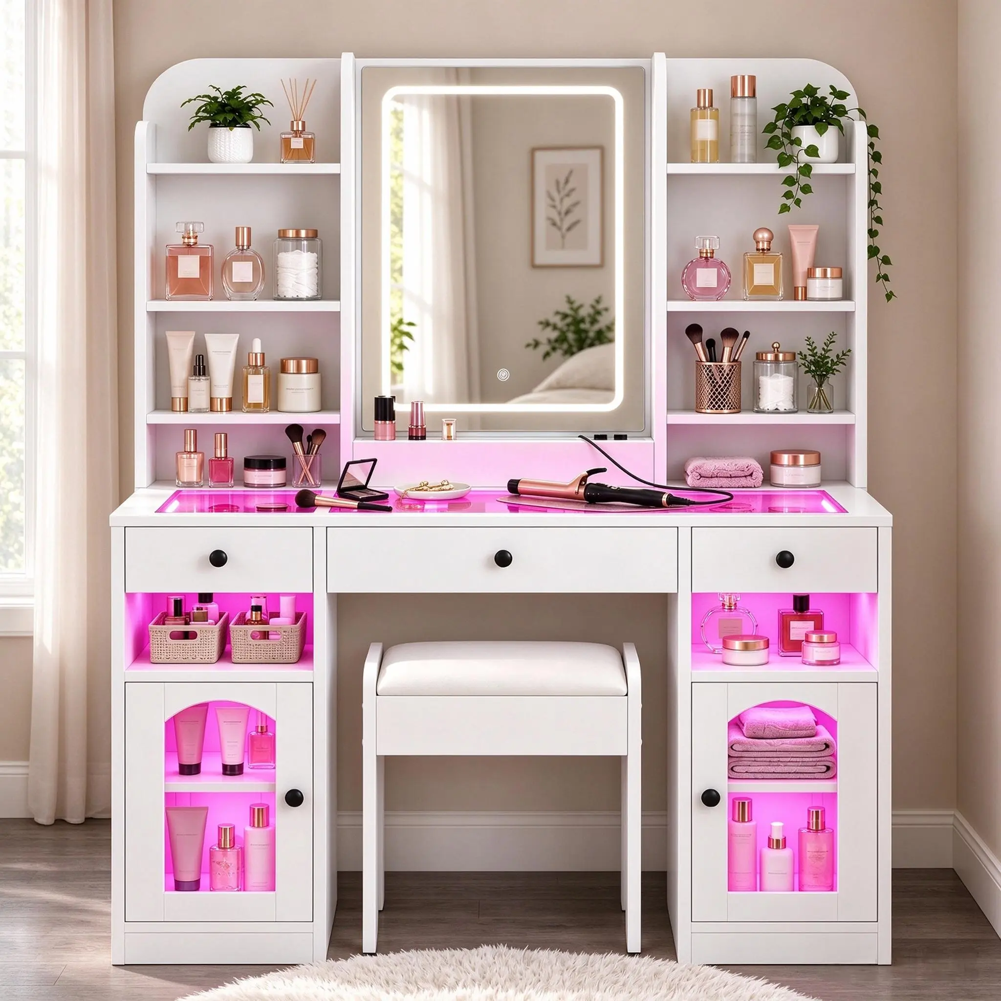 43.2" Vanity Desk with LED Mirror & RGB Light Cabinets, Glass Top Makeup Dressing Table, 3 Drawers, 8 Open Shelves, Charging Station & Cushioned Stool for Bedroom, White