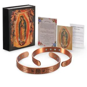 Copper Magnetic Bracelet & Ring Set for Women 12 Magnets 3800 Guass Our Lady of Guadalupe Prayer Engraving Religious Jewelry Gift Comfortable Wristband