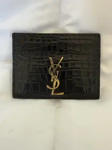 Pre-owned Yves Saint Laurent Leather Bag Accessories YSL Black Croc Embossed Card Holder with Gold Front Logo