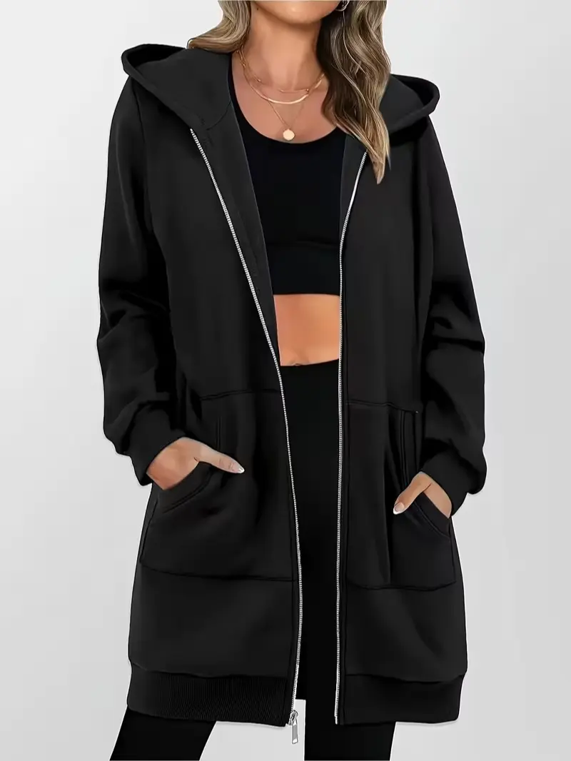 Women's Long Hooded Zip-Up Sweatshirt – Casual, Versatile Zip-Front Cardigan Top