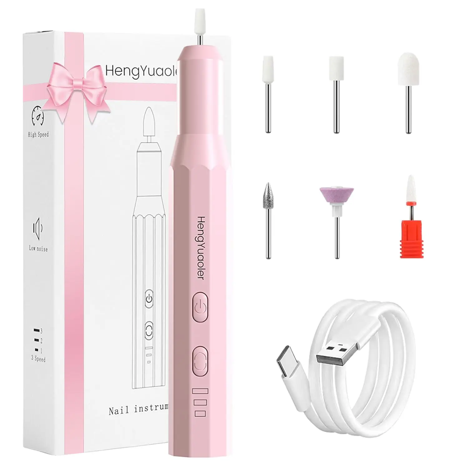 HengYuaoler Rechargeable Nail Drill Kit, Portable 20000RPM E-File Machine with Low Noise for Manicure & Pedicure Nail Care, Ideal for Beginners, Pedicure Care Tool, Single Item